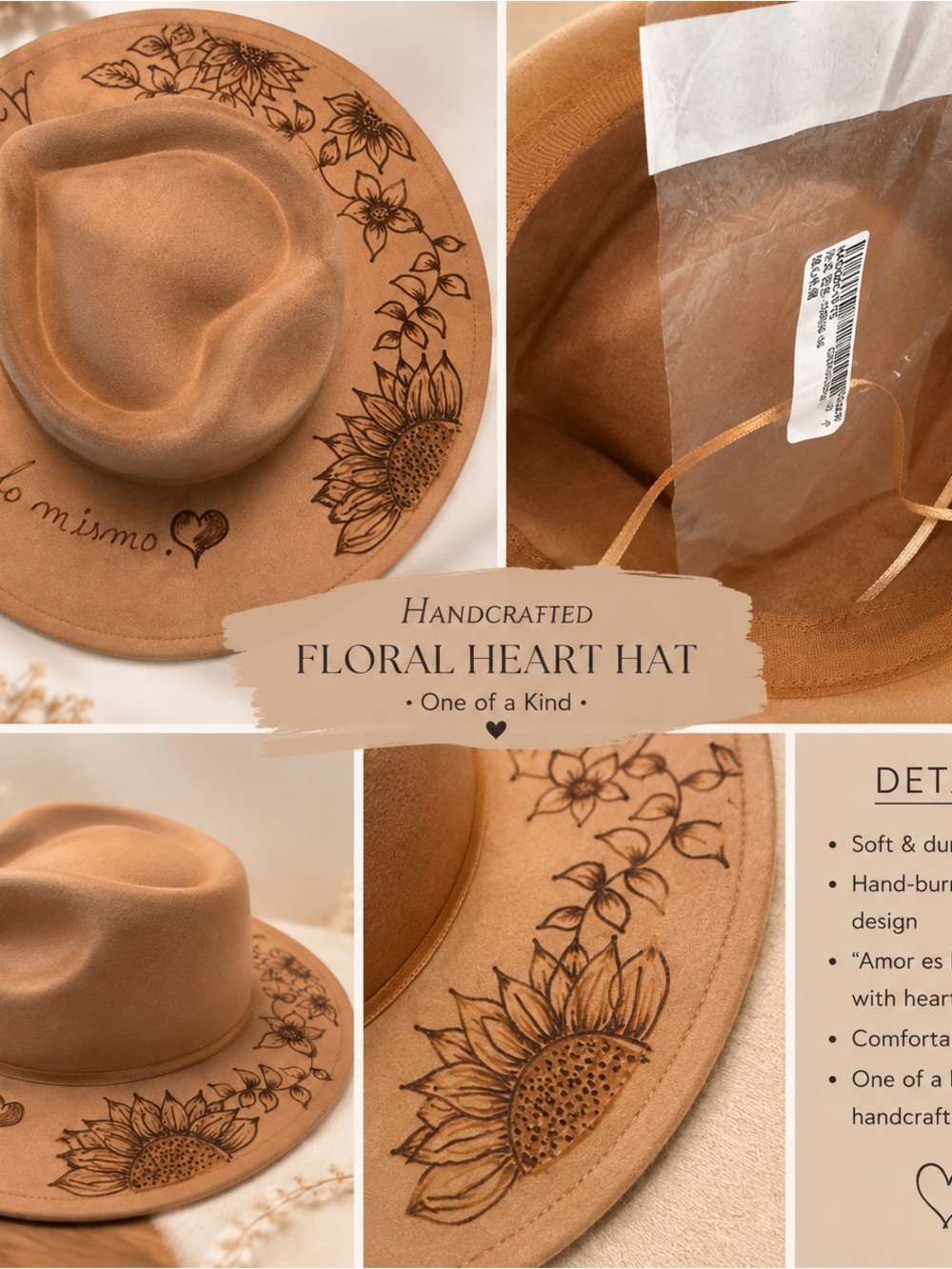 Handcrafted Floral Heart Hat - Tan